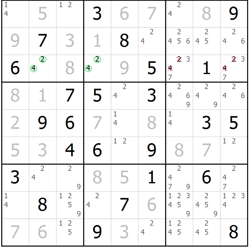 Position des candidats pour la solution de la Gr 61 page 64 du magazine de sudoku Virtuose n° 121