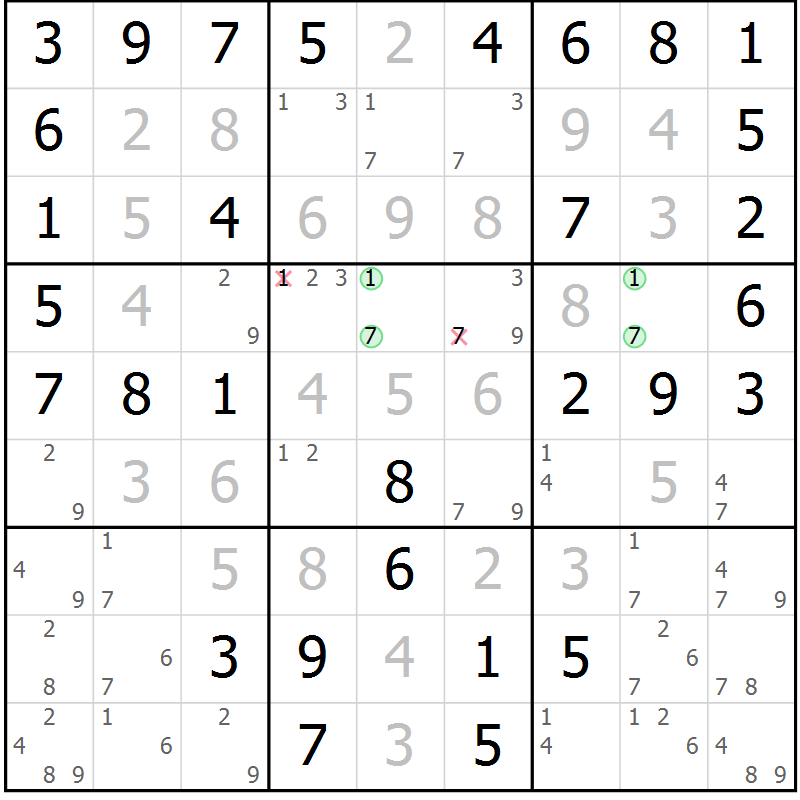 Position des candidats pour la solution de la Gr 62 page 65 du magazine de sudoku Virtuose n° 121