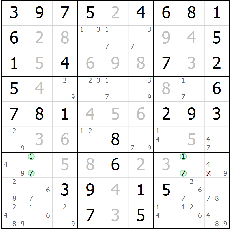 Position des candidats pour la solution de la Gr 62 page 65 du magazine de sudoku Virtuose n° 121
