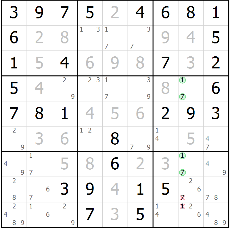 Position des candidats pour la solution de la Gr 62 page 65 du magazine de sudoku Virtuose n° 121