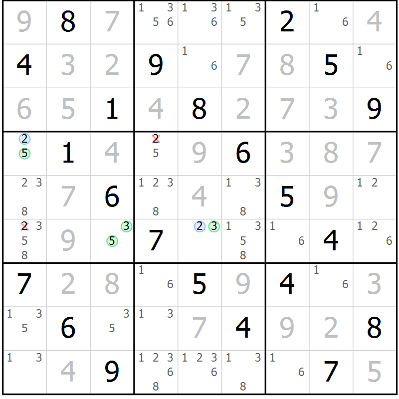 Position des candidats pour la solution de la Gr 63 page 66 du magazine de sudoku Virtuose n° 121