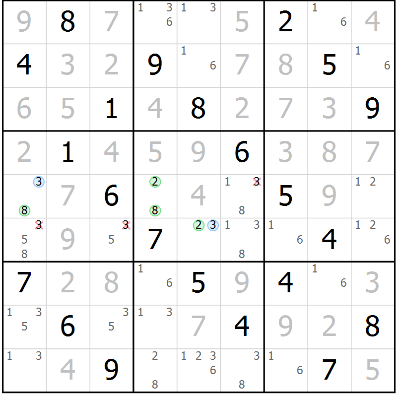 Position des candidats pour la solution de la Gr 63 page 66 du magazine de sudoku Virtuose n° 121