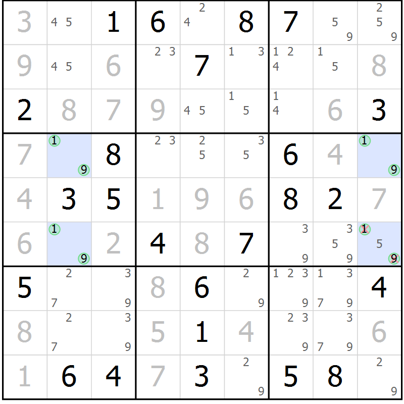 Position des candidats pour la solution de la Gr 64 page 67 du magazine de sudoku Virtuose n° 121