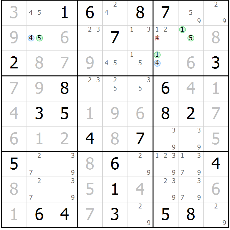 Position des candidats pour la solution de la Gr 64 page 67 du magazine de sudoku Virtuose n° 121