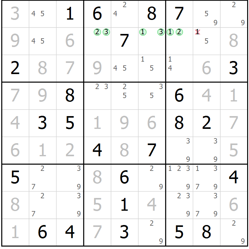 Position des candidats pour la solution de la Gr 64 page 67 du magazine de sudoku Virtuose n° 121