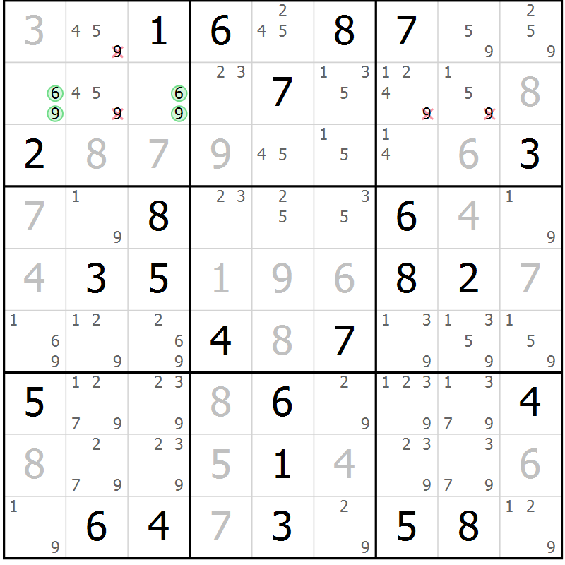 Position des candidats pour la solution de la Gr 64 page 67 du magazine de sudoku Virtuose n° 121
