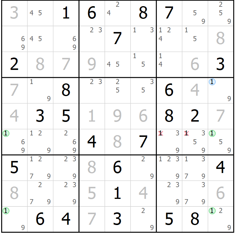 Position des candidats pour la solution de la Gr 64 page 67 du magazine de sudoku Virtuose n° 121