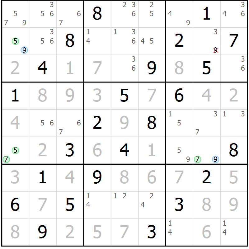 Position des candidats pour la solution de la Gr 65 page 68 du magazine de sudoku Virtuose n° 121
