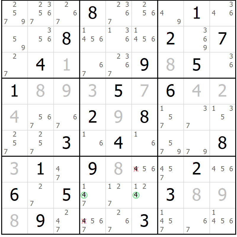 Position des candidats pour la solution de la Gr 65 page 68 du magazine de sudoku Virtuose n° 121