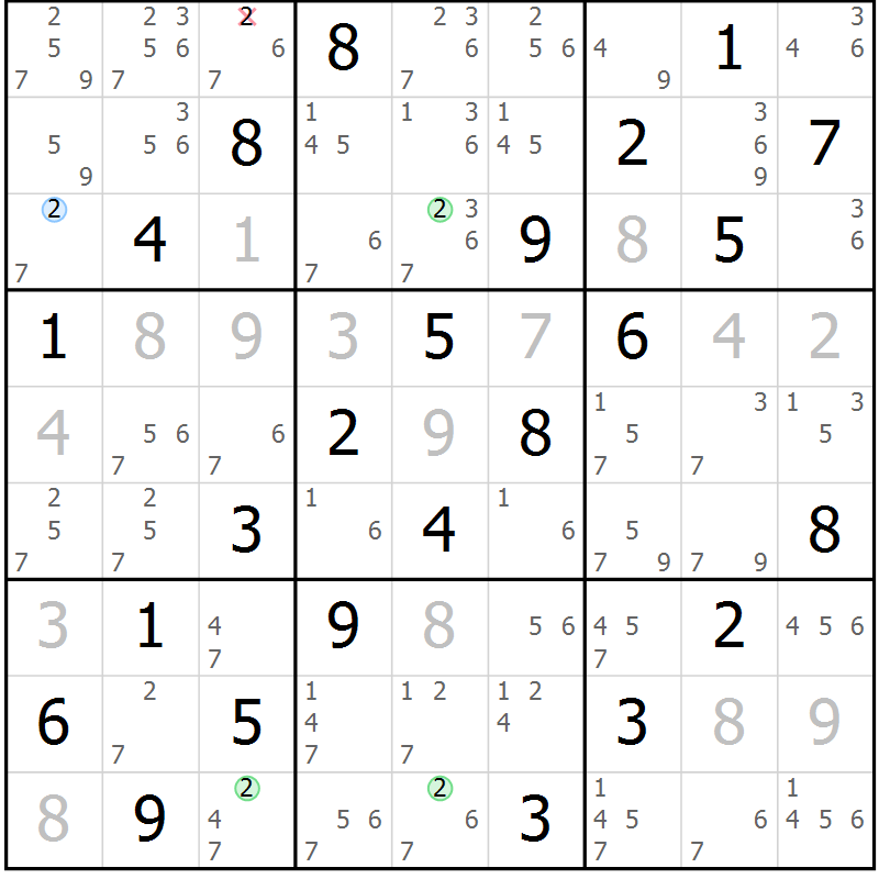 Position des candidats pour la solution de la Gr 65 page 68 du magazine de sudoku Virtuose n° 121