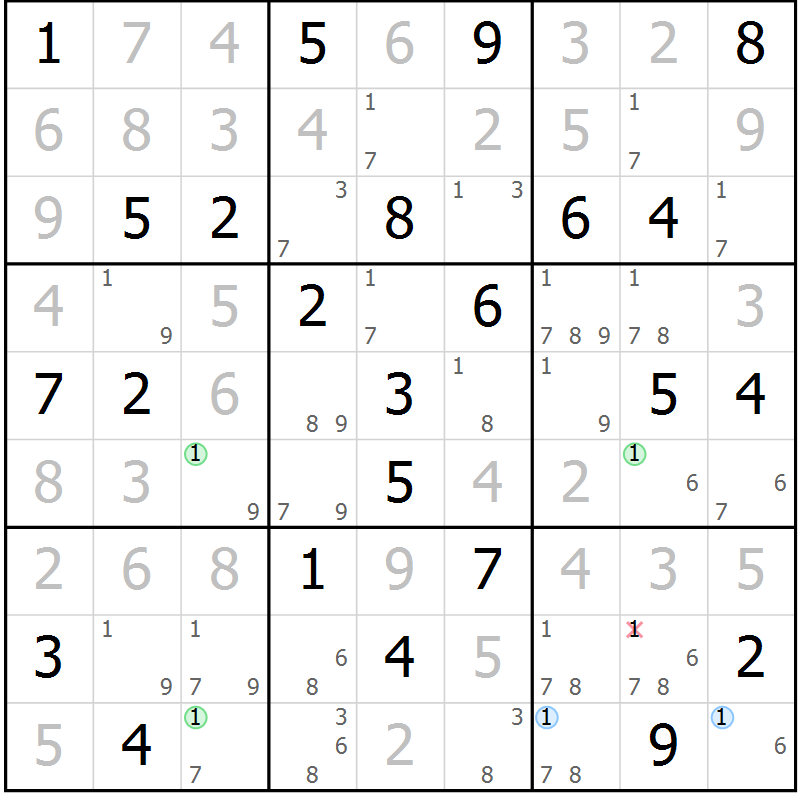Position des candidats pour la solution de la Gr 69 page 72 du magazine de sudoku Virtuose n° 121