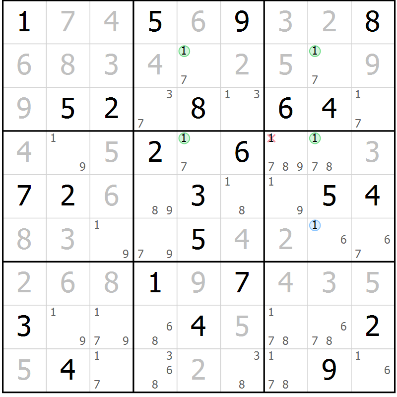 Position des candidats pour la solution de la Gr 69 page 72 du magazine de sudoku Virtuose n° 121