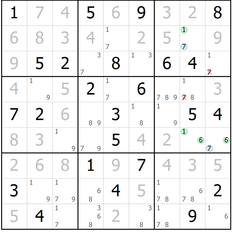 Position des candidats pour la solution de la Gr 69 page 72 du magazine de sudoku Virtuose n° 121