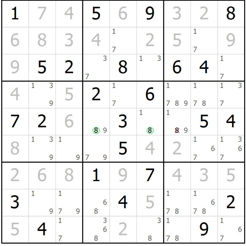 Position des candidats pour la solution de la Gr 69 page 72 du magazine de sudoku Virtuose n° 121