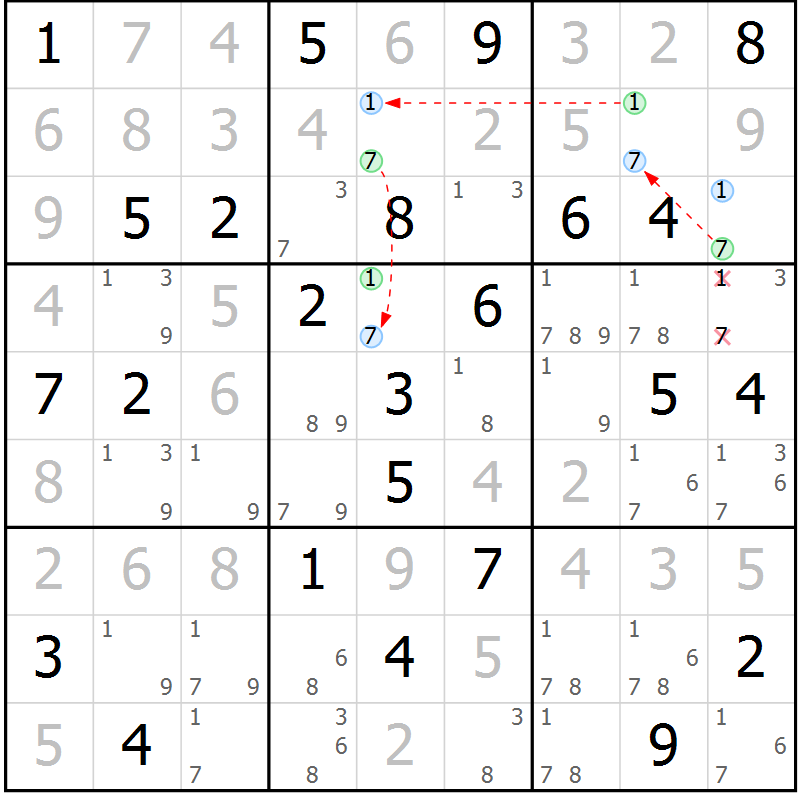 Position des candidats pour la solution de la Gr 69 page 72 du magazine de sudoku Virtuose n° 121