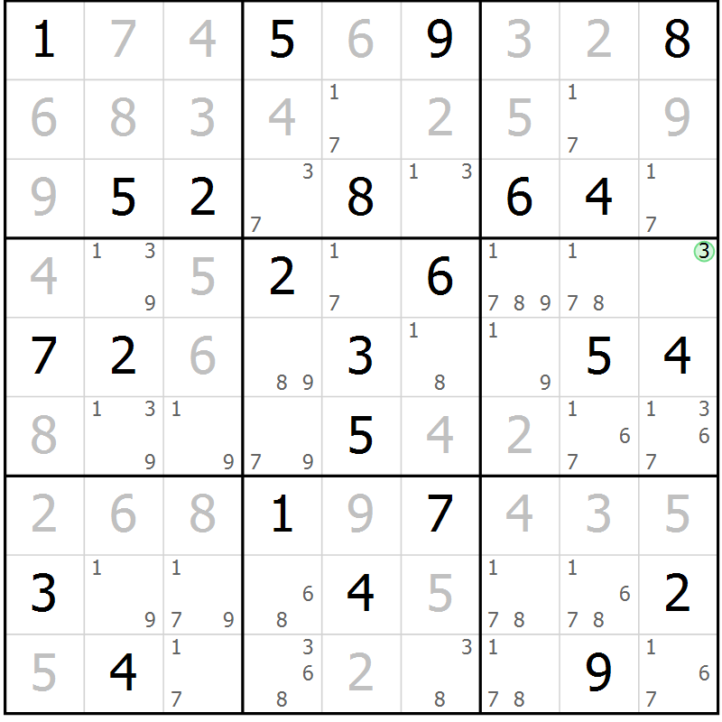 Position des candidats pour la solution de la Gr 69 page 72 du magazine de sudoku Virtuose n° 121