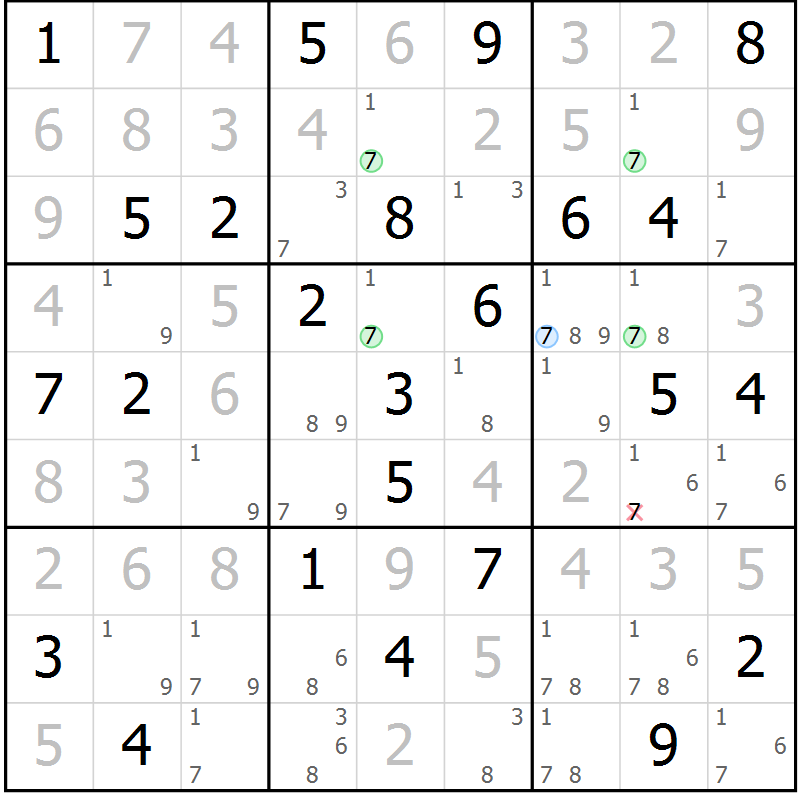 Position des candidats pour la solution de la Gr 69 page 72 du magazine de sudoku Virtuose n° 121