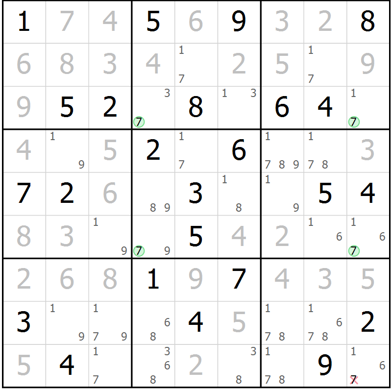 Position des candidats pour la solution de la Gr 69 page 72 du magazine de sudoku Virtuose n° 121