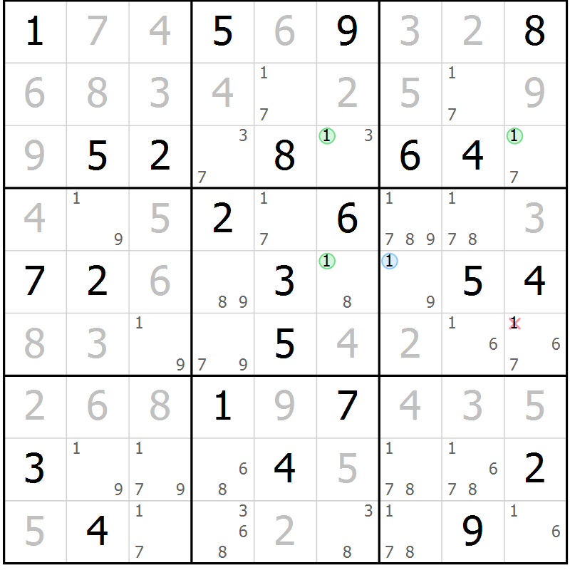 Position des candidats pour la solution de la Gr 69 page 72 du magazine de sudoku Virtuose n° 121