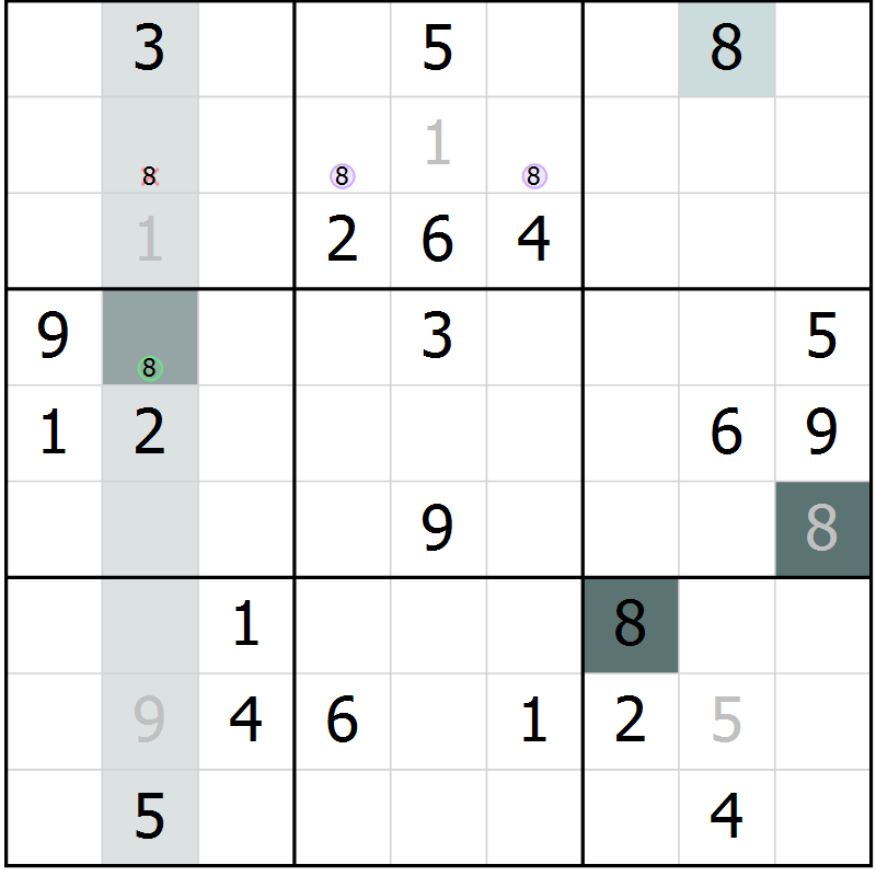 Position des candidats pour la solution de la Gr 7 page 10 du magazine de sudoku Virtuose n° 121