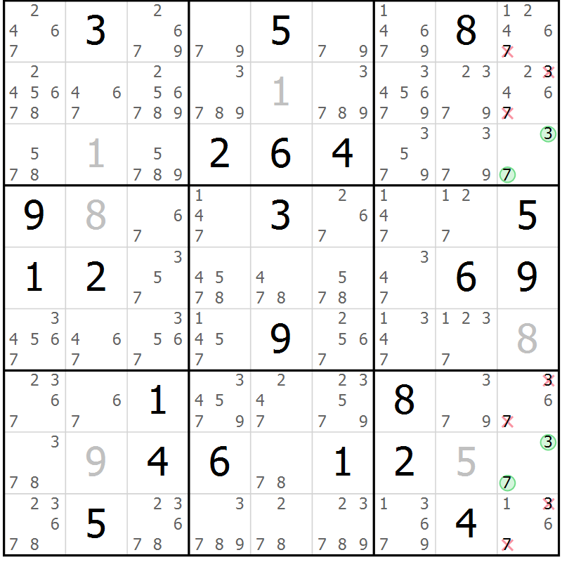 Position des candidats pour la solution de la Gr 7 page 10 du magazine de sudoku Virtuose n° 121