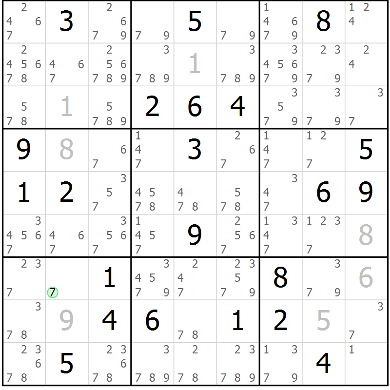 Position des candidats pour la solution de la Gr 7 page 10 du magazine de sudoku Virtuose n° 121