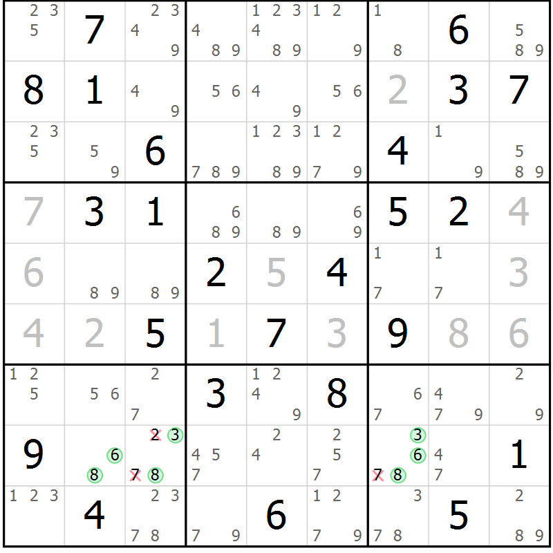 Position des candidats pour la solution de la Gr 70 page 73 du magazine de sudoku Virtuose n° 121