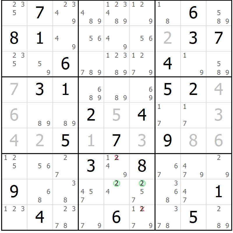Position des candidats pour la solution de la Gr 70 page 73 du magazine de sudoku Virtuose n° 121