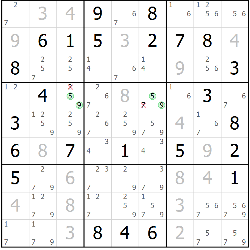 Position des candidats pour la solution de la Gr 71 page 74 du magazine de sudoku Virtuose n° 121