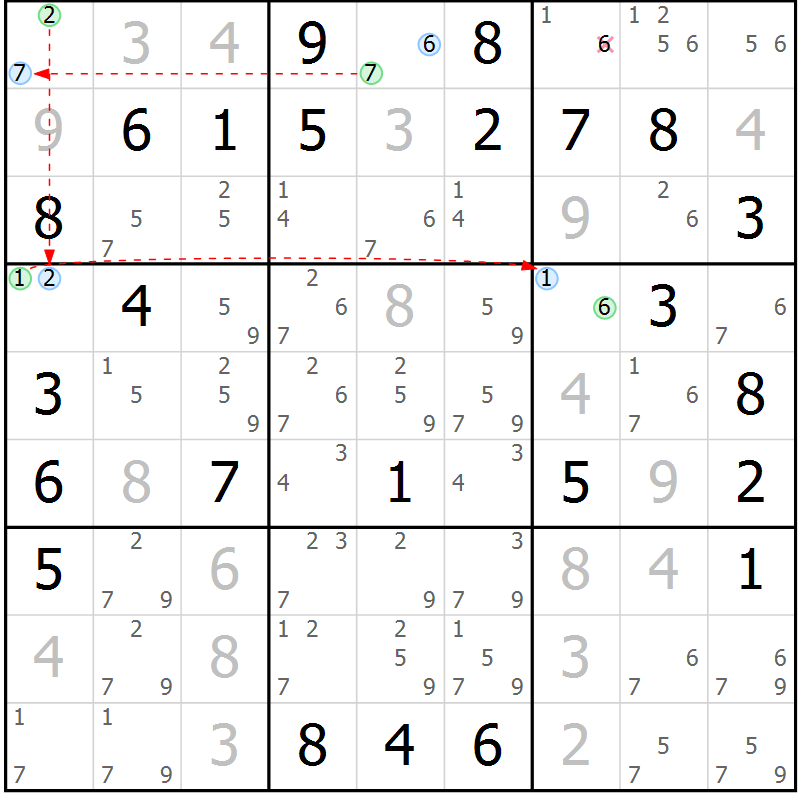 Position des candidats pour la solution de la Gr 71 page 74 du magazine de sudoku Virtuose n° 121