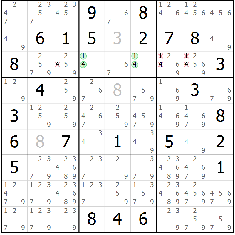 Position des candidats pour la solution de la Gr 71 page 74 du magazine de sudoku Virtuose n° 121