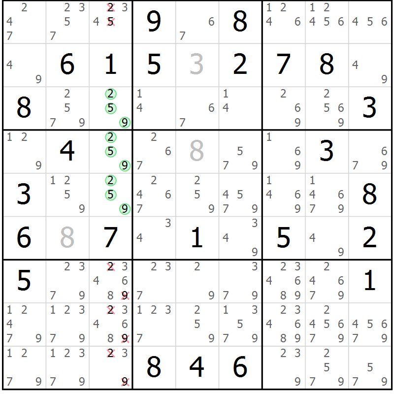 Position des candidats pour la solution de la Gr 71 page 74 du magazine de sudoku Virtuose n° 121