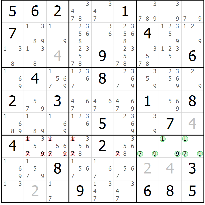 Position des candidats pour la solution de la Gr 72 page 75 du magazine de sudoku Virtuose n° 121