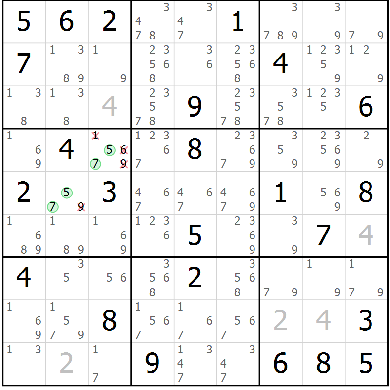 Position des candidats pour la solution de la Gr 72 page 75 du magazine de sudoku Virtuose n° 121
