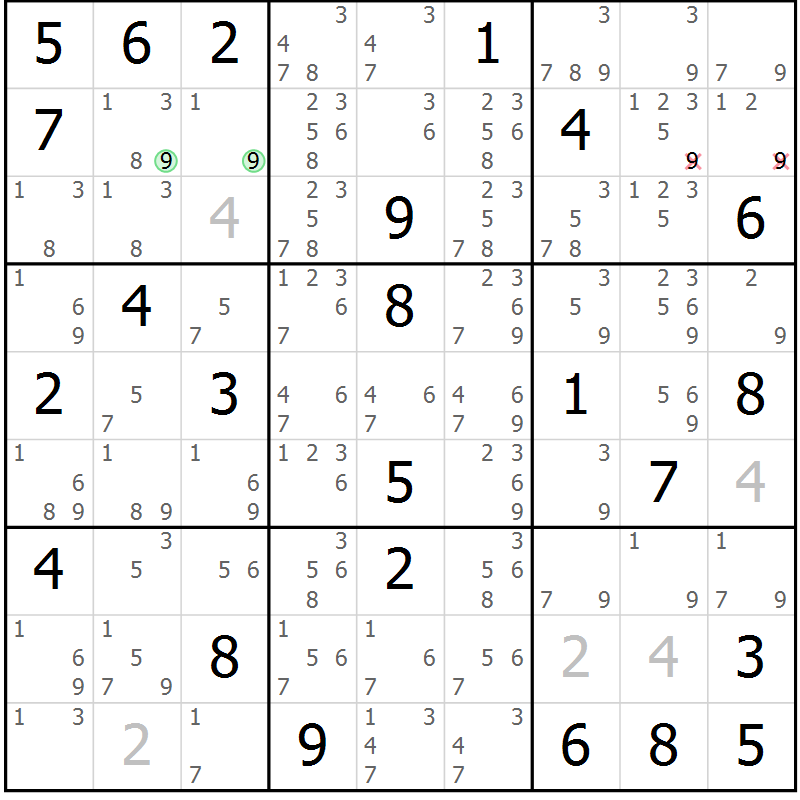Position des candidats pour la solution de la Gr 72 page 75 du magazine de sudoku Virtuose n° 121