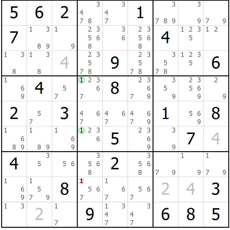 Position des candidats pour la solution de la Gr 72 page 75 du magazine de sudoku Virtuose n° 121