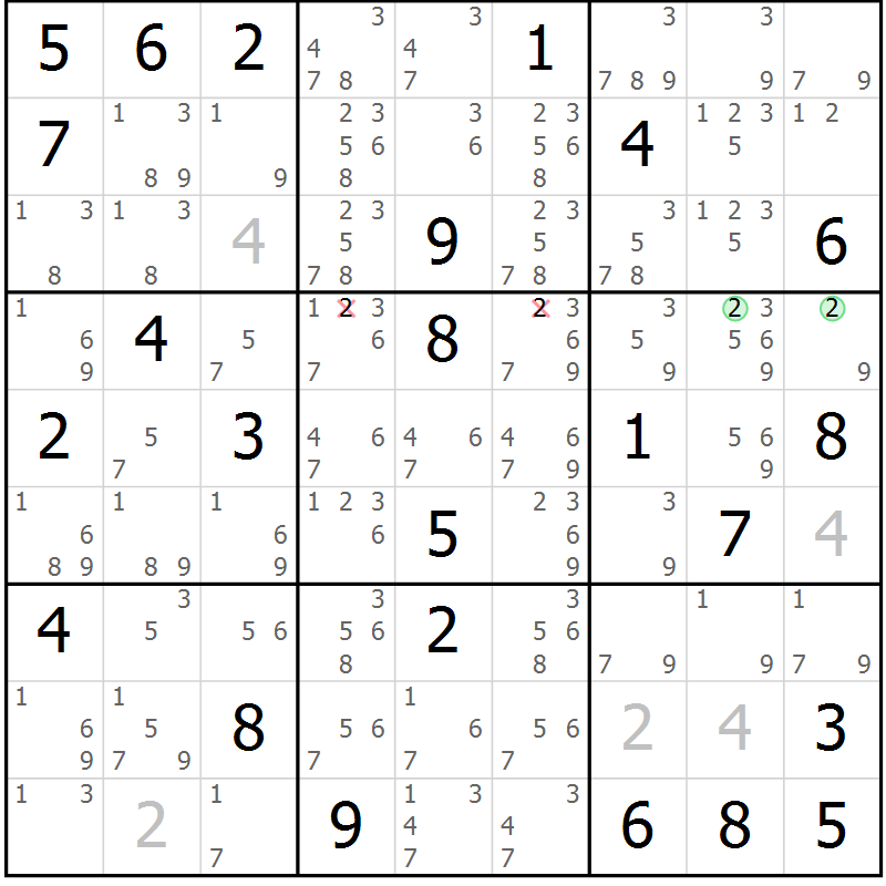 Position des candidats pour la solution de la Gr 72 page 75 du magazine de sudoku Virtuose n° 121