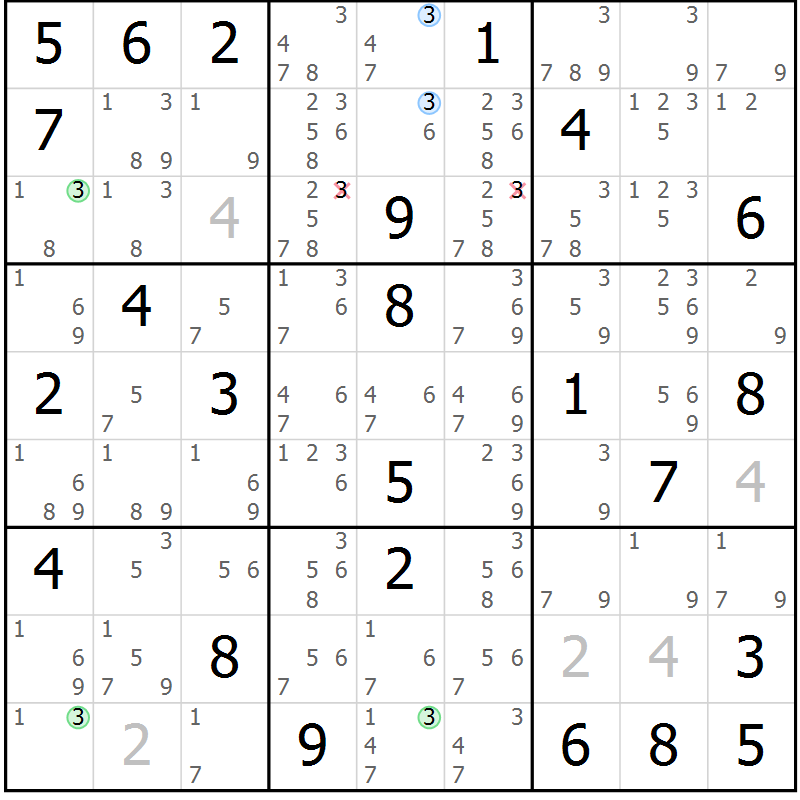 Position des candidats pour la solution de la Gr 72 page 75 du magazine de sudoku Virtuose n° 121