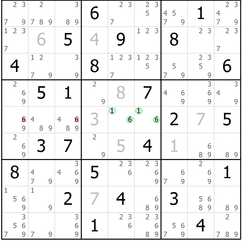 Position des candidats pour la solution de la Gr 73 page 76 du magazine de sudoku Virtuose n° 121