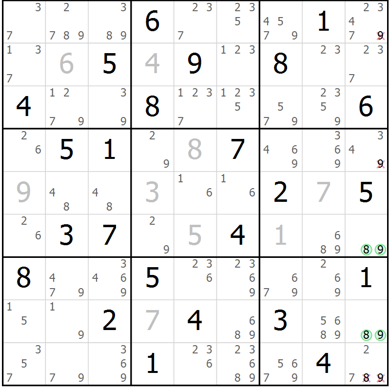 Position des candidats pour la solution de la Gr 73 page 76 du magazine de sudoku Virtuose n° 121
