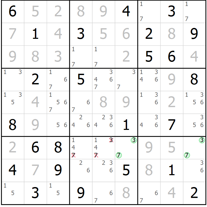 Position des candidats pour la solution de la Gr 74 page 77 du magazine de sudoku Virtuose n° 121