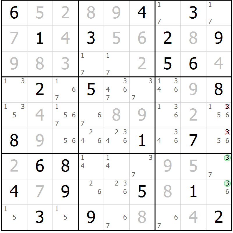 Position des candidats pour la solution de la Gr 74 page 77 du magazine de sudoku Virtuose n° 121