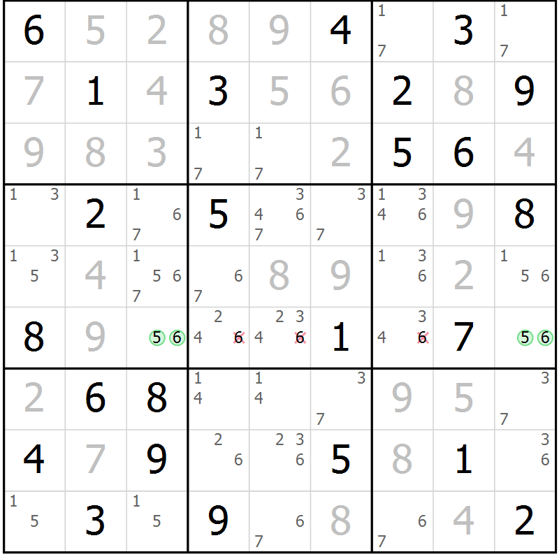 Position des candidats pour la solution de la Gr 74 page 77 du magazine de sudoku Virtuose n° 121