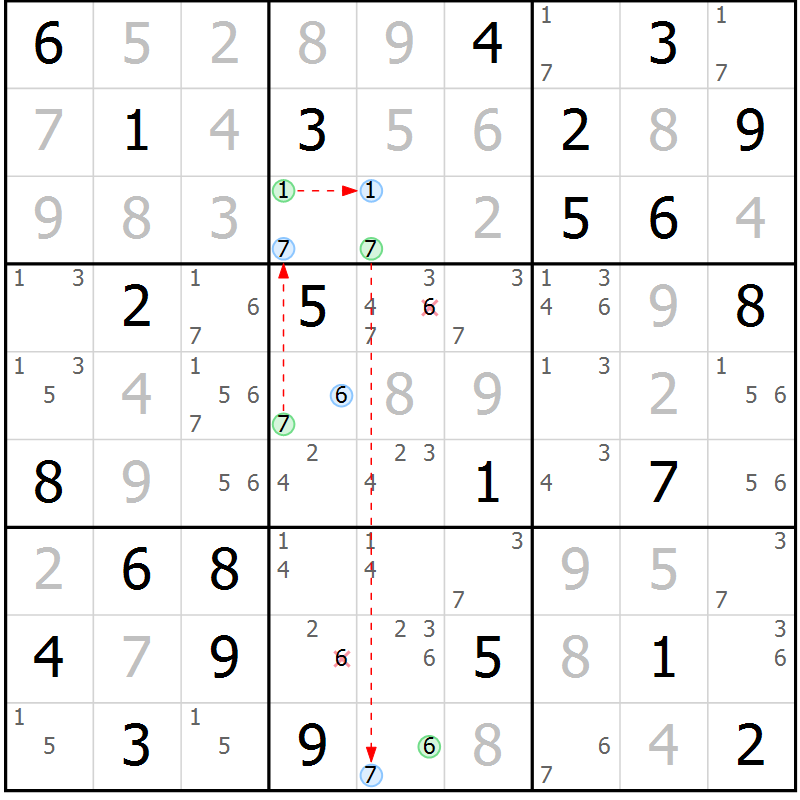 Position des candidats pour la solution de la Gr 74 page 77 du magazine de sudoku Virtuose n° 121