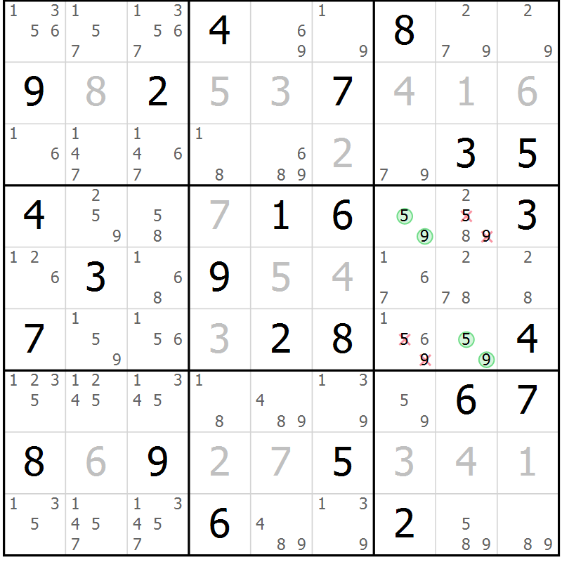 Position des candidats pour la solution de la Gr 75 page 78 du magazine de sudoku Virtuose n° 121