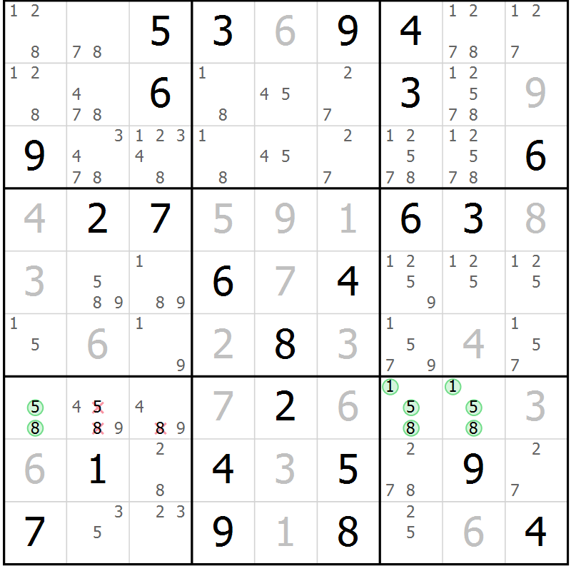 Position des candidats pour la solution de la Gr 76 page 79 du magazine de sudoku Virtuose n° 121