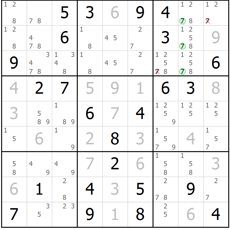 Position des candidats pour la solution de la Gr 76 page 79 du magazine de sudoku Virtuose n° 121