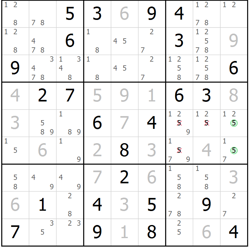 Position des candidats pour la solution de la Gr 76 page 79 du magazine de sudoku Virtuose n° 121