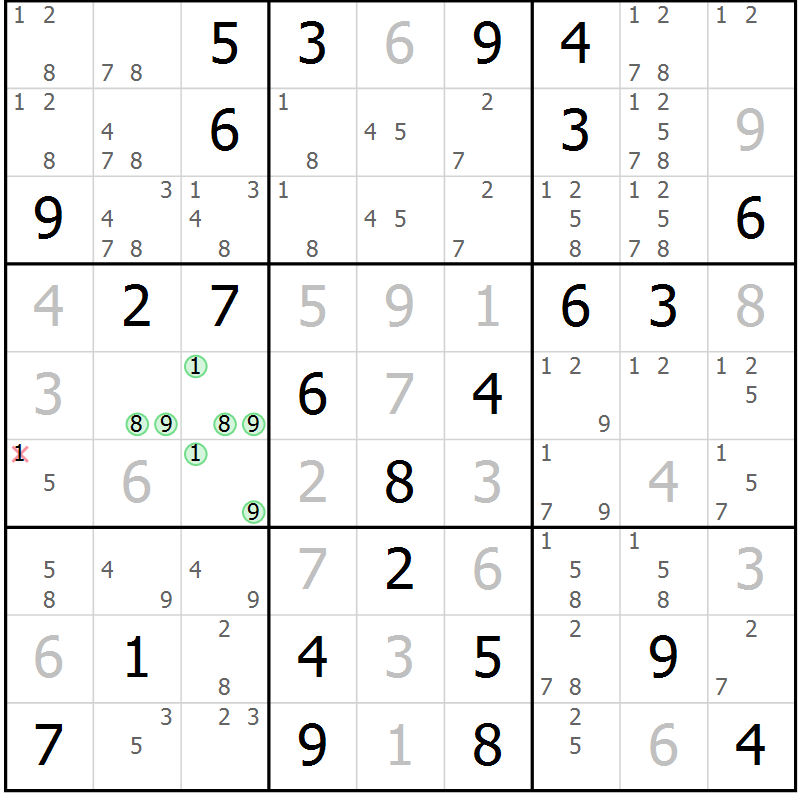 Position des candidats pour la solution de la Gr 76 page 79 du magazine de sudoku Virtuose n° 121