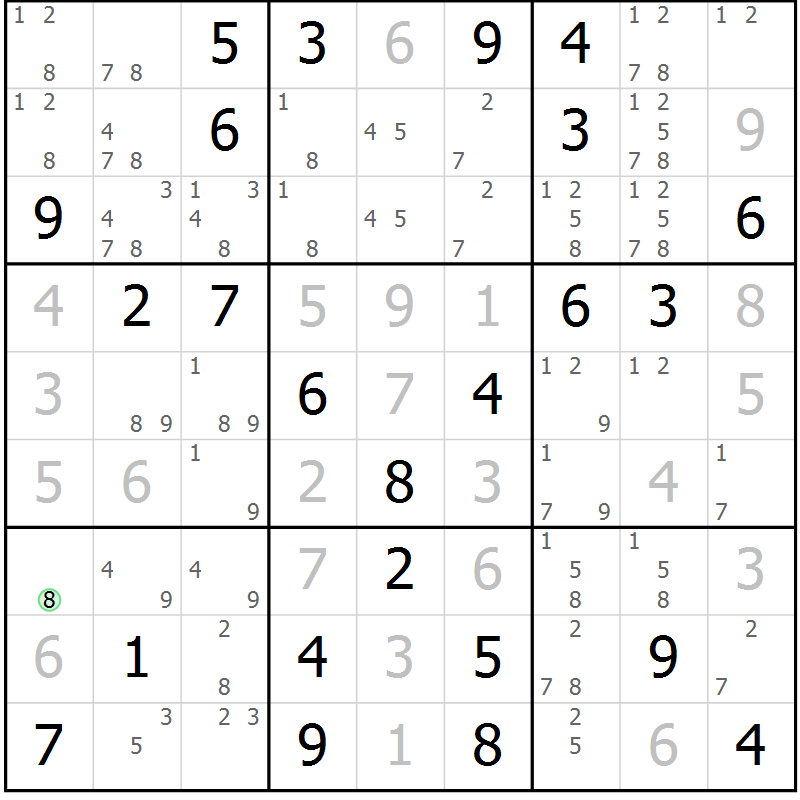 Position des candidats pour la solution de la Gr 76 page 79 du magazine de sudoku Virtuose n° 121